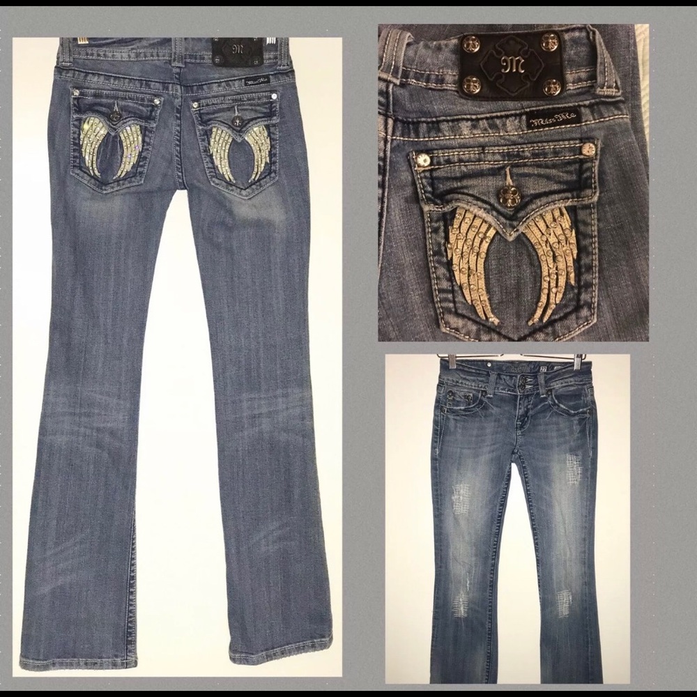MISSME Sz27 Rhinestone Wings Pockets Bootcut Jeans